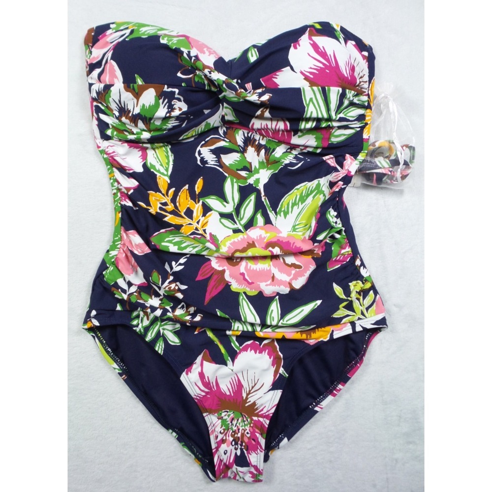 Anne Cole Swimsuit Size 8 Twist Front Shirred Bandeau Removable Strap One Piece